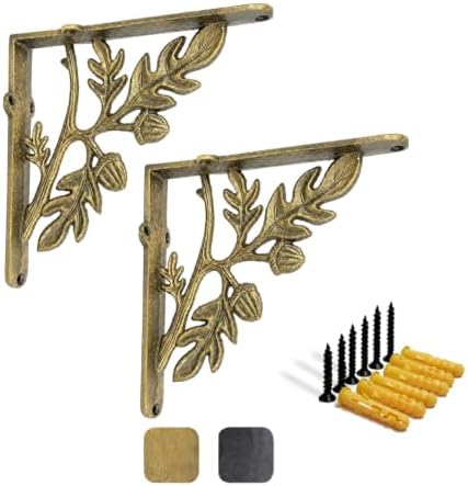 NACH Decorative Shelf Brackets, 2 Pack of 9 x 2.2 x 9 inch, Gold Cast Iron Rustic Shelf Brackets - Metal Shelf Brackets 