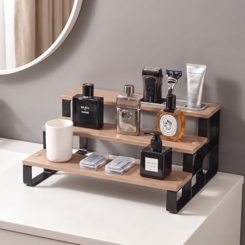 3 Tier Cologne Organizer for Men, Perfume Stand with Toiletry Caddy Wooden