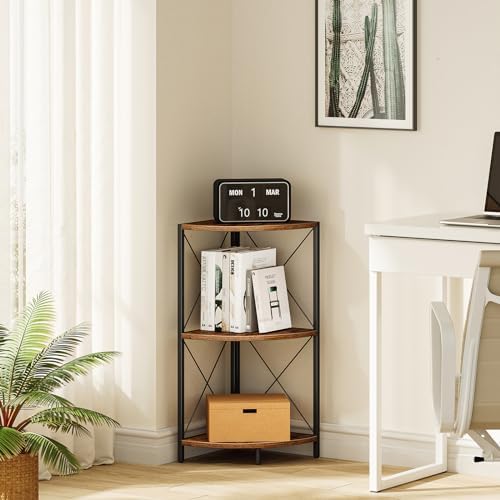 Snughome Corner Shelf with Metal Frame, 3 Tier Rustic Corner Storage Organizer, Freestanding Corner Bookshelf Stand Disp
