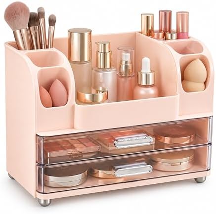 ROOM127 Makeup Organizer for Vanity with 2 Drawers, Cherry Blossom Pink