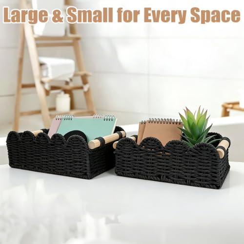 Black Scalloped Wicker Storage Basket Organizer with Handles 2 Pack,Paper Rope Decorative Toilet Paper Baskets & Bathroo