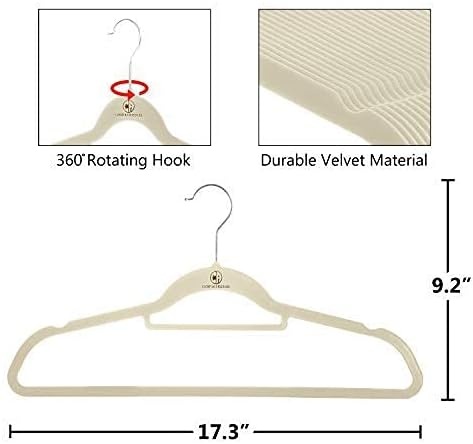 Velvet Hangers, 50 Pack, Sturdy Heavy Duty Hangers Including Tie Bar, Notches, Rounded Shoulder, Non Slip Material, and 360° Chrome Hook. (Ivory)