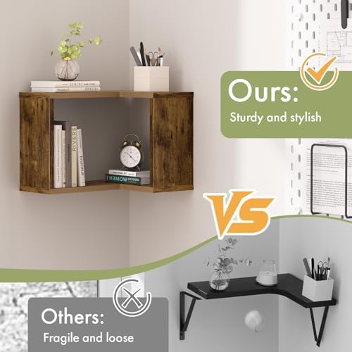 Floating Corner Shelf, 2-Tier Floating Shelf for Wall, Wood Floating Book Shelf for Living Room, Bedroom, Bathroom, Home