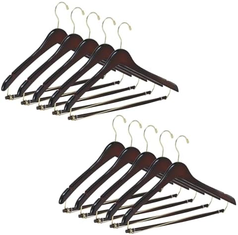 Wooden Suit Hangers 10 Pack, Premium Solid Wood Coat Hangers with Locking Pants Bar, 360° Swivel Hooks and Shoulder Notches, Dark Walnut Wood Hangers for Closet, Suits, Coats, Jackets