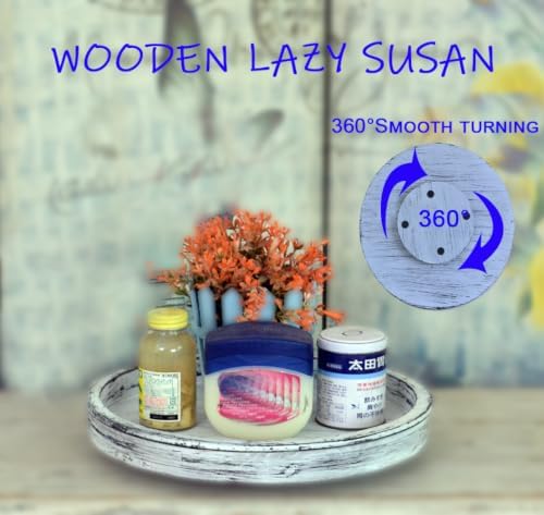 14 in White Distressed Round Lazy Susan, Farmhouse Turntable Dining Tray