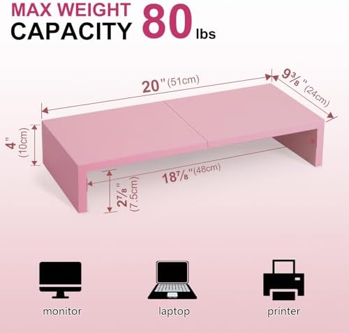 TEAMIX Pink Monitor Riser-20L inch, Wood Monitor Stand for Desk, Sturdy TV/Screen/PC/Printer/Laptop Riser,Computer Shelf