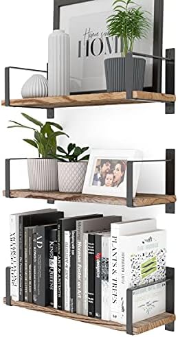 Wallniture Toledo Floating Shelves for Living Room Decor, Floating Bookshelf Set of 3, Burned Finish Rustic Wood Wall Sh