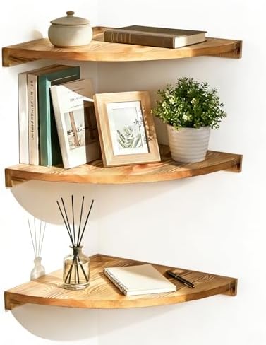 Corner Shelf Wall Mount, Set of 3 Floating Corner Shelf with Cord Hole 3 Tier Wood Wall Display Rack Storage for Bathroo
