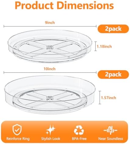4 Pack Clear Lazy Susan, 9+10 Inch Turntable Organizer, Non-Skid Rotating Tray for Cabinet, Kitchen Pantry Organization 