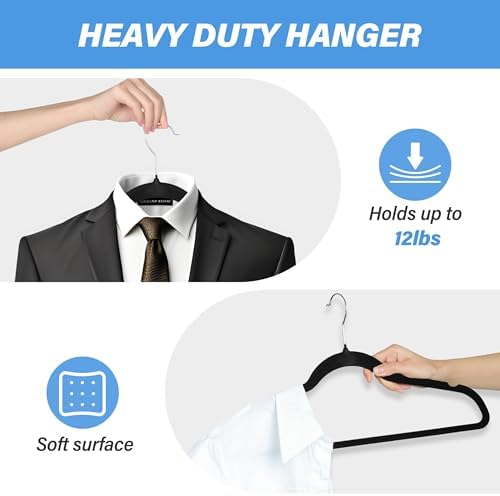 YSSOA Heavy Duty Velvet Hangers 50 Pack, 360° Swivel Hooks, Non-Slip Clothes Hangers with Shoulder Notches, Black