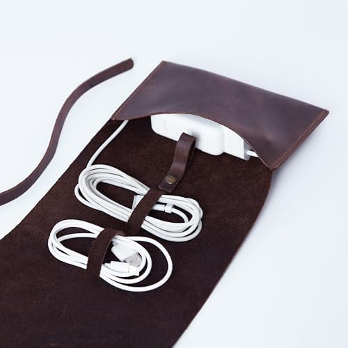 INCARNE Weekend Cable Organizer - Travel Cord Desk Case - TV Kit Cord Bag for Cable Storage - Small Leather Cord Organiz