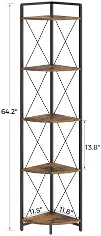5 Tier Corner Shelf Stand, 64" H Tall Corner Bookshelf, Rustic Brown