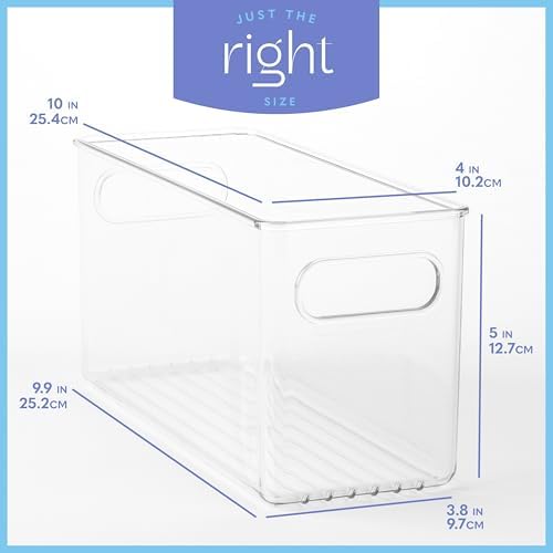 primebox Clear Plastic 4 Pack Storage Container Bin with Integrated Easy Grip Handles. For Kitchen, Fridge, Freezer, Cab