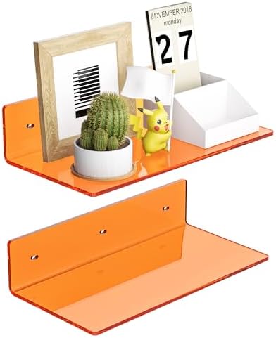 Sezanrpt 12 Inches Small Orange Wall Shelves Set of 2, Acrylic Floating Shelf for Bedroom, Living Room, Funko Pop Shelves, Smart Speaker, 2 Pack
