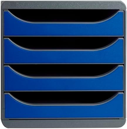 Exacompta - Ref 310703D - BIG-BOX Desktop Drawer Set - 4 x 55mm Drawers, Suitable for A4+ Documents, 347 x 278 x 267mm, 100% Recycled Plastic - Black/Royal Blue