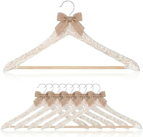 Wonderjune White 10 Pcs Bride Hanger for Wedding Bride Groom Bridesmaid Ribbon Bow Pearl Hanger Wood Color Elegant Wooden Dress for Bridal Shower Tuxedo Photo Keepsake Party Gift (Lace Linen)