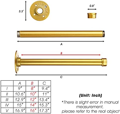 Gold Pipe Shelf Brackets 10 Inch, Industrial Metal Wall Brackets, Set of 4