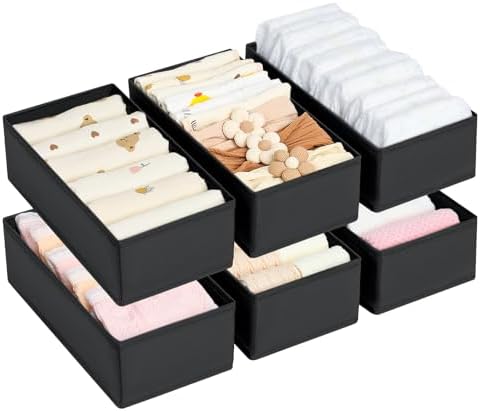 DIMJ Drawer Organizer Clothes - Underwear Organizer Small Closet and Storage Box Dresser Organizer,Drawer Dividers for Baby Clothes,Bra,Socks, Belt, Tie, Set of 6,Black