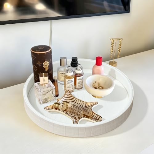 HofferRuffer Faux Leather Round Serving Tray, Vegan Croco Leather Decorative Food Tray for Storage Drinks, Snack & Cosme
