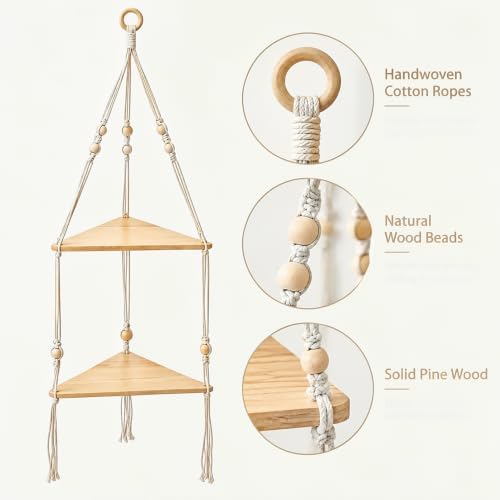 2 Tier Corner Shelf Macrame Wall Hanging, Boho Rustic Wood Storage Holder
