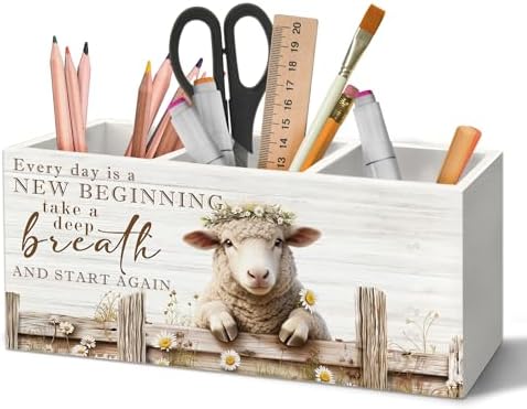 Motivational Sheep Pen Holder Organizer for Desk Accessories, Sheep Gifts for Women, Farmhouse Daisy Floral Lamb Positive Wooden Box Sign Desk Decorations for Home Office Decor