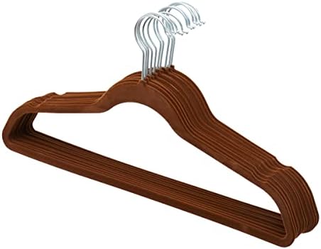 Velvet Clothes Hangers (Pack of 10), Brown, by Home Basics | Felt Hangers for Tops, Jackets, Dresses, and Pants | Contoured Hangers with Notches | Ultra-Thin Space Saving Clothes Hangers