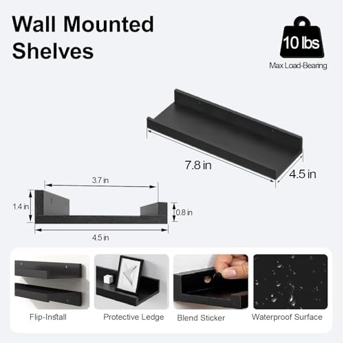 Small Black Floating Shelves for Wall, Shelf with Lip Set of 2, 8 in