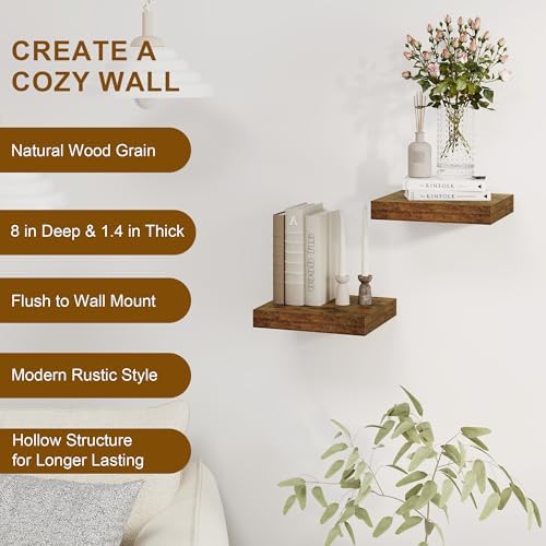 Fun Memories Floating Shelves, 8 Inch Deep Floating Shelves for Wall, 8 x 8 Wall Shelves, Rustic Wood Floating Shelf for