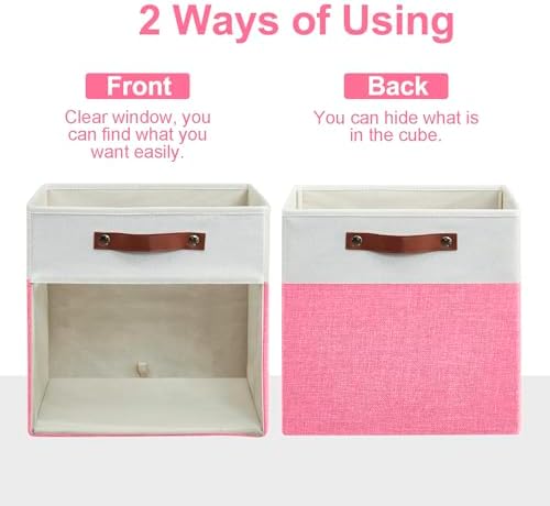 Bagnizer Storage Cubes, 4 Pack Linen Foldable Storage Bins with Clear Window and 2 Handles, 13x15x13 Storage Cube Bins for Shelf Closet, Kallax, Clothes, Books - (Pink / Off-White)