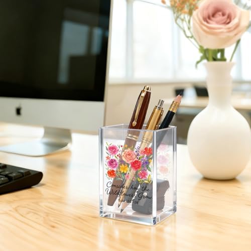 Consider How The Wildflowers Grow Luke Acrylic Cosmetic Pencil Pen Holder Cup, Botanical Theme Gifts for Gardener Nature Lover, Christian Bible Verse Gifts for Mom Daughter Niece Aunt BFF Women
