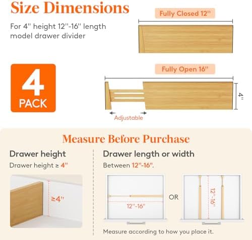 Lifewit 4" High Dresser Drawer Dividers, Adjustable Bamboo Drawer Organizer