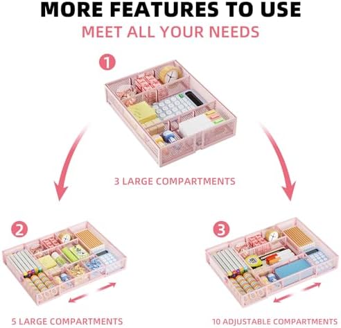 Marbrasse Expandable Desk Drawer Organizer, Mesh Tray with 10 Adjustable Compartments, Desk Organizers for Office Supplies, Makeup & Vanity (Expandable-Pink)