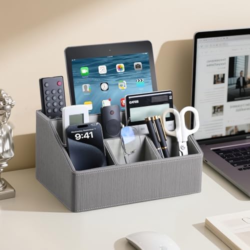 PU Leather Desk Organizer, Remote Control Holder, Grey