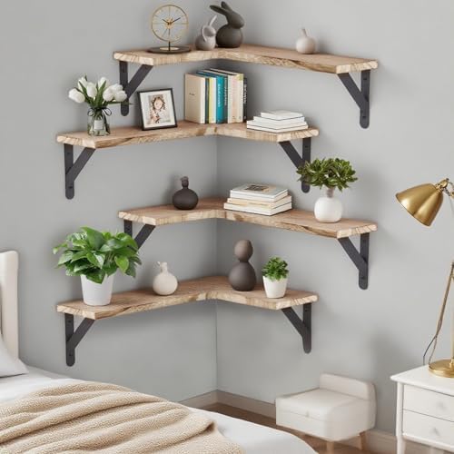 5 Pack Floating Shelves, Rustic Wood, Light Brown