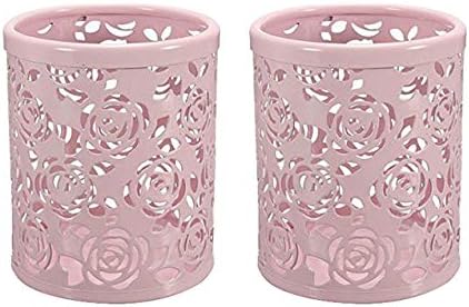 2 Pack Hollow Rose Flower Pattern Metal Pen Pencil Pot Cup Holder Desk Container Organizer,2 Pieces,Pink