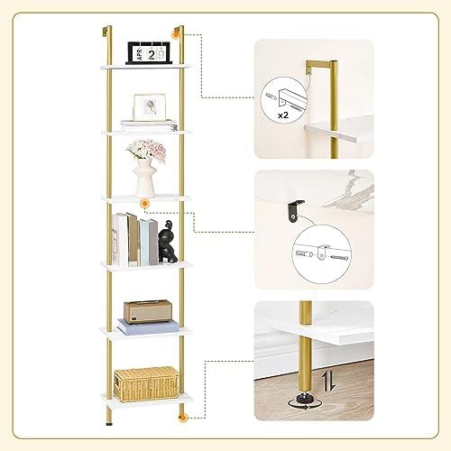 HOOBRO DIY Ladder Shelf, 6-Tier Wooden Wall Mounted Bookshelf, Narrow Gold Bookcase, Display Shelf, Storage Rack, Plant 