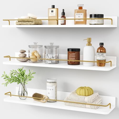Forbena 24 Inch Bathroom Floating Shelves for Wall Set of 3, Gold Bathroom Shelves Over Toilet Wall Mounted with Rail, D