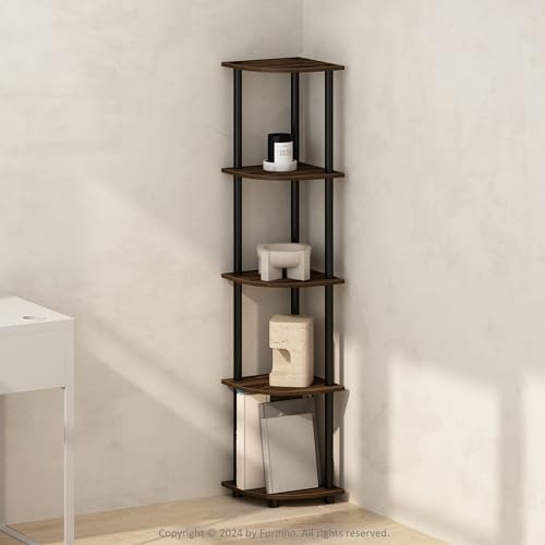 Furinno TURN-N-TUBE Corner Shelf, 5-Tier Corner Bookshelf, Open Storage Shelves, for Organization and Storage, Living Ro