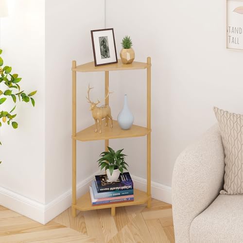 Wisuce Natural Small Corner Shelf Stand, 3-Tier Bamboo Corner Bookshelf