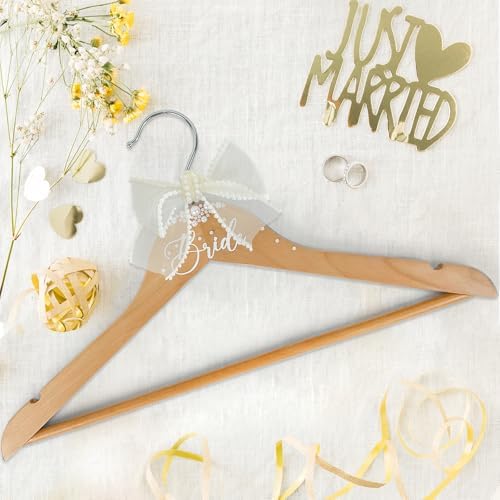 Bride Hanger for Wedding Dress, Wooden Wedding Hangers Bridal Hanger Personalized Hangers with Bow Tie & Pearl for Wedding Party Gifts Accessories