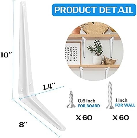 20 Pack Shelf Brackets 10 Inches White, Heavy Duty Steel Metal L Brackets for Shelves, J Brackets Wall Angel Corner Brac