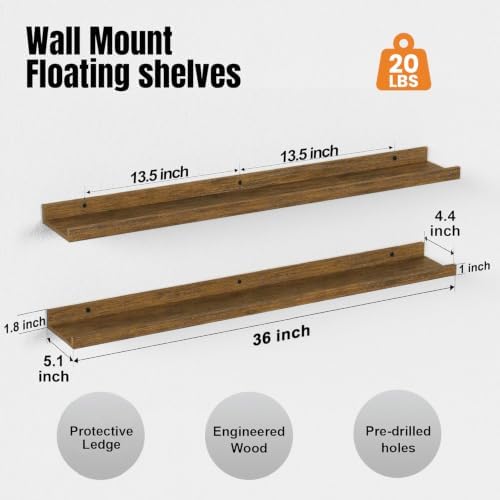36inch Long Floating Shelves for Wall Decor, 5-Set Shelves with Lip, Brown
