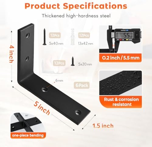 Shelf Bracket 6 Pack 5" Lx4 H 5mm Thick Heavy Duty Black L Brackets