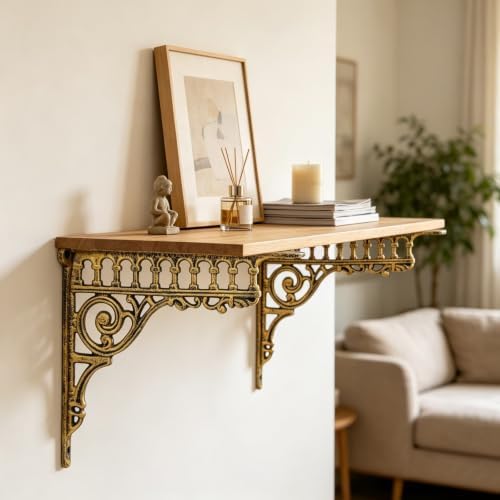 2PCS Cast Iron European Style Wall Shelf Brackets, 10.6in(L) (Gold)