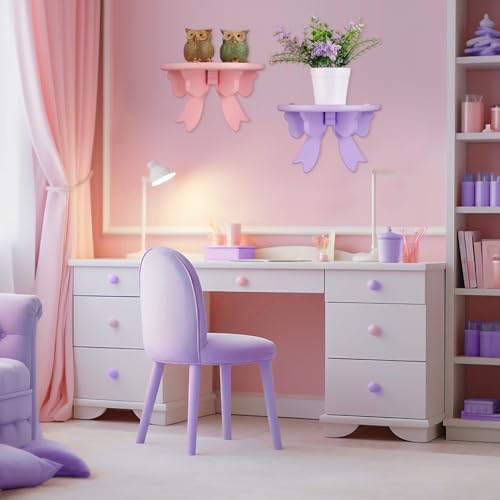 Pinkunn 2 Pcs Bow Floating Shelves Kawaii Shelf Book Stand, Pink,Purple