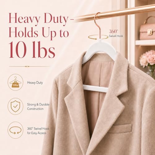 Smartor White Velvet Hangers 50 Pack, Non Slip Rose Gold Hook Felt Hangers