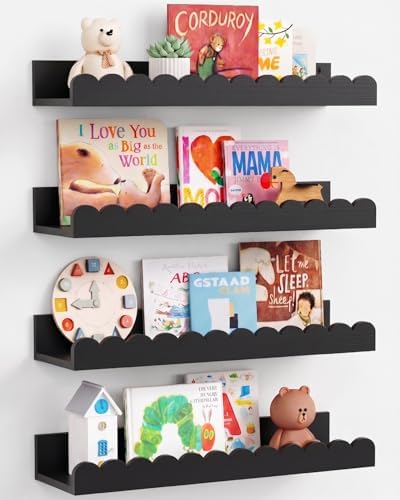Black Nursery Floating Shelves for Wall, Scalloped Book Shelf for Kids Room