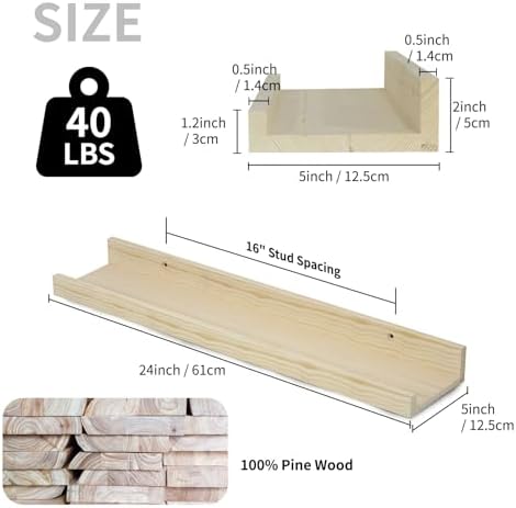 SAUMONIERES Picture Ledge Shelf Floating Book Shelves Set of 2 Wall Mounted Solid Wood for Bedroom Bathroom Living Room 