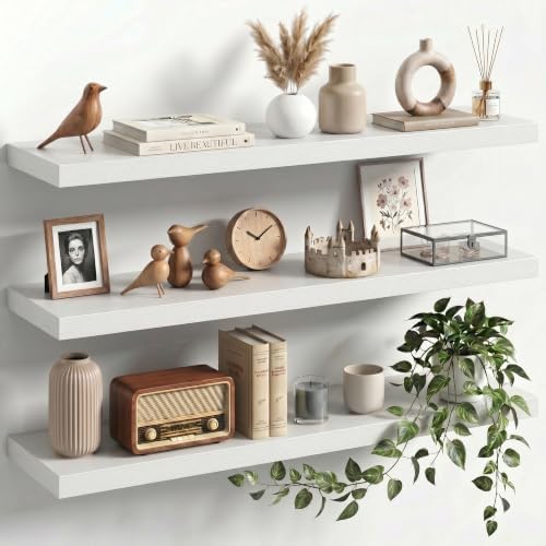 36" Floating Shelves for Wall, Set of 3, 8" Deep, 1.5" Thick, White