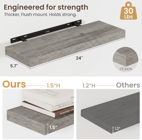 24 Inch Floating Shelves for Wall 2 Pack, Wood Wall Bathroom Shelves